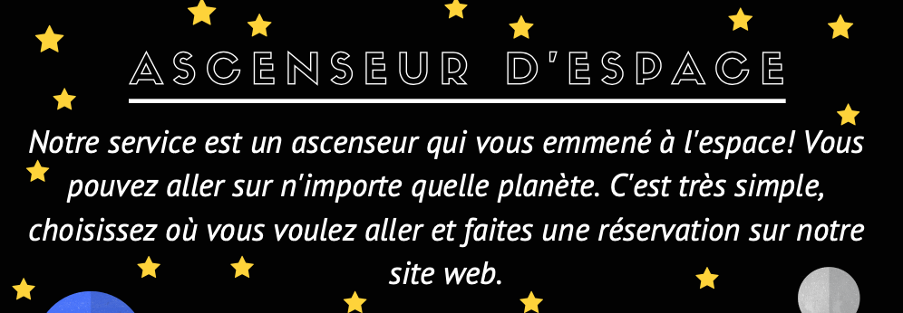 My poster with a black background and yellow stars all around. Product title is 'Ascenseur D'Espace' meaning 'Elevator to Space.'